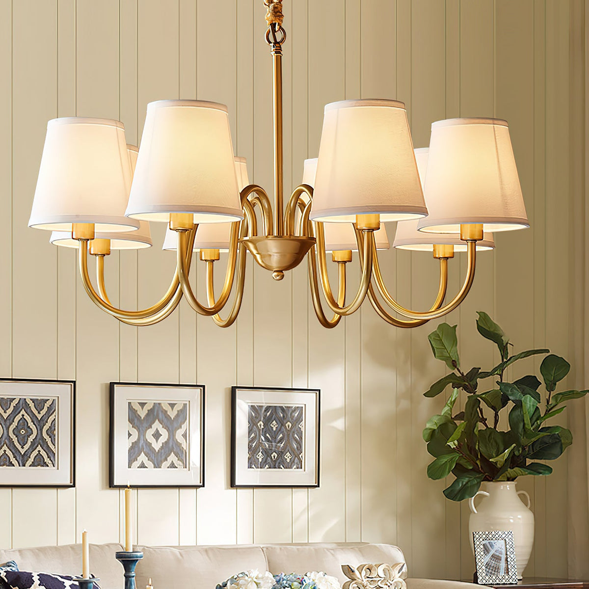 Aged Stacey Chandelier – Transitional Brass & Tailored Linen Shade Candelabra Chandelier