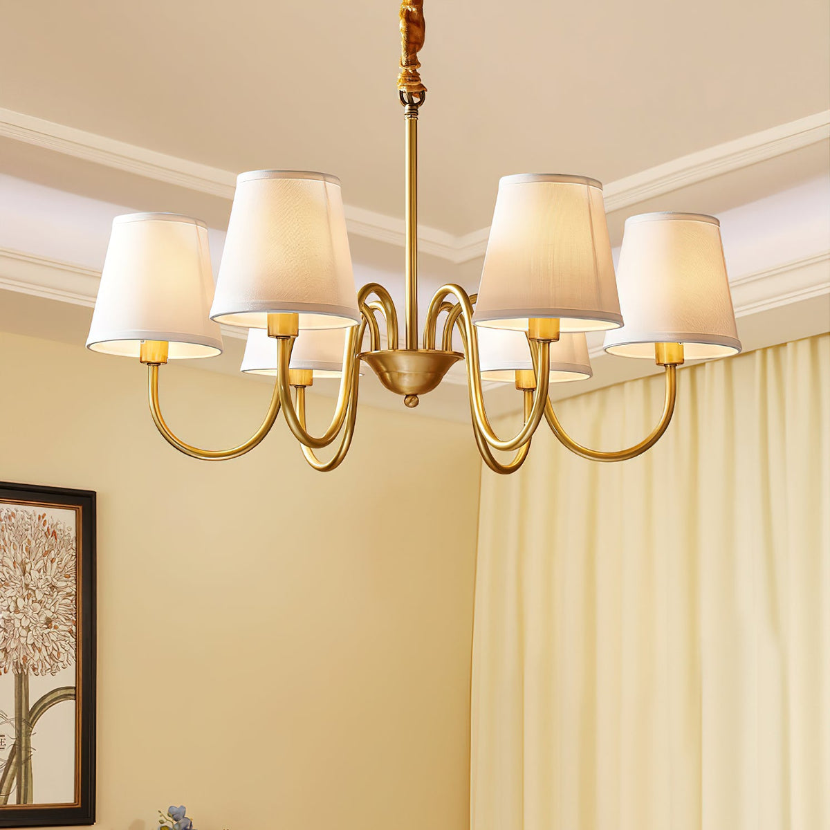 Aged Stacey Chandelier – Transitional Brass & Tailored Linen Shade Candelabra Chandelier