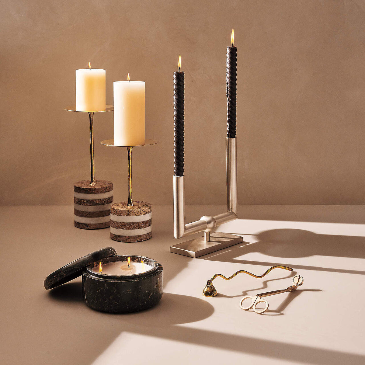 Stacked Marble Candle Stand - Layered Brown & White Marble Candle Holder | Unlacquered Brass Accent Stand