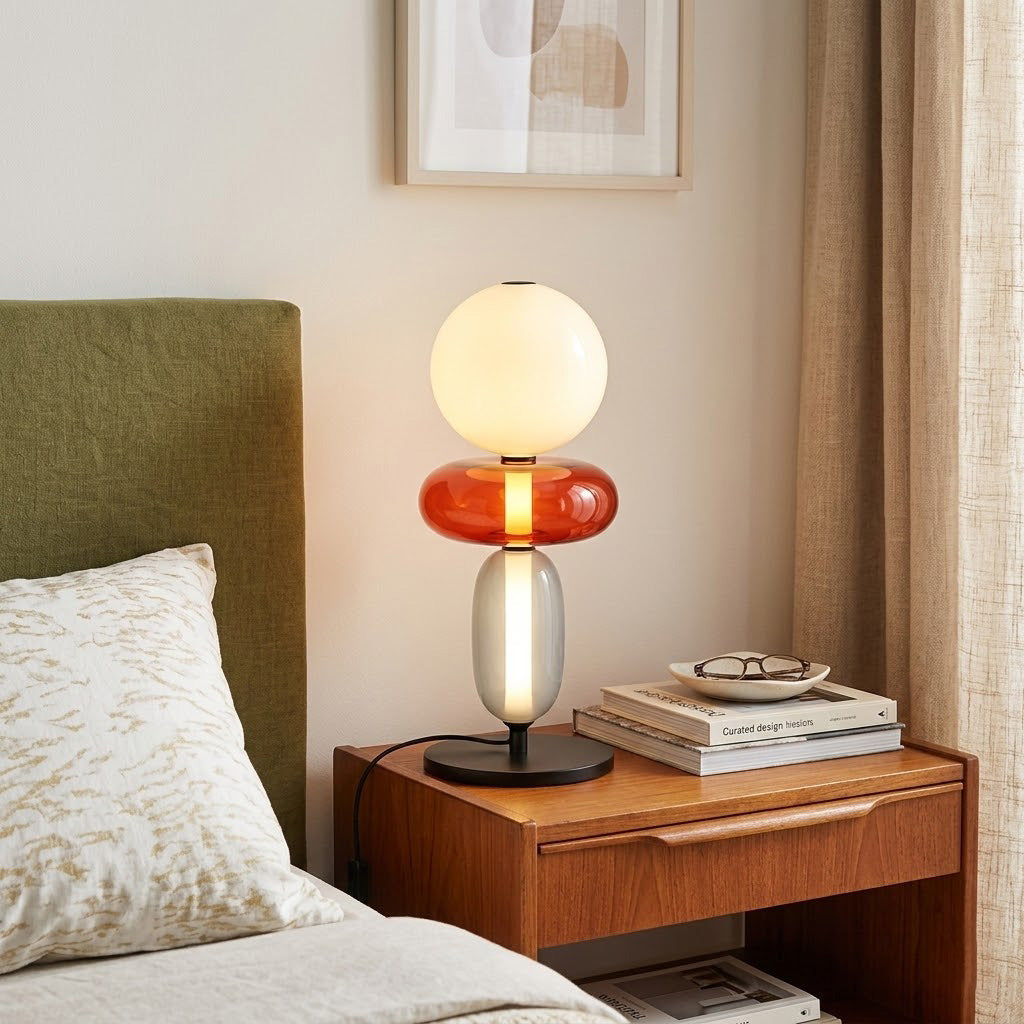 Stained Glass Table Lamp - Candied Colorful Hand-Blown Glass Accent Light | Modern Remote Dimming LED Desk Lamp
