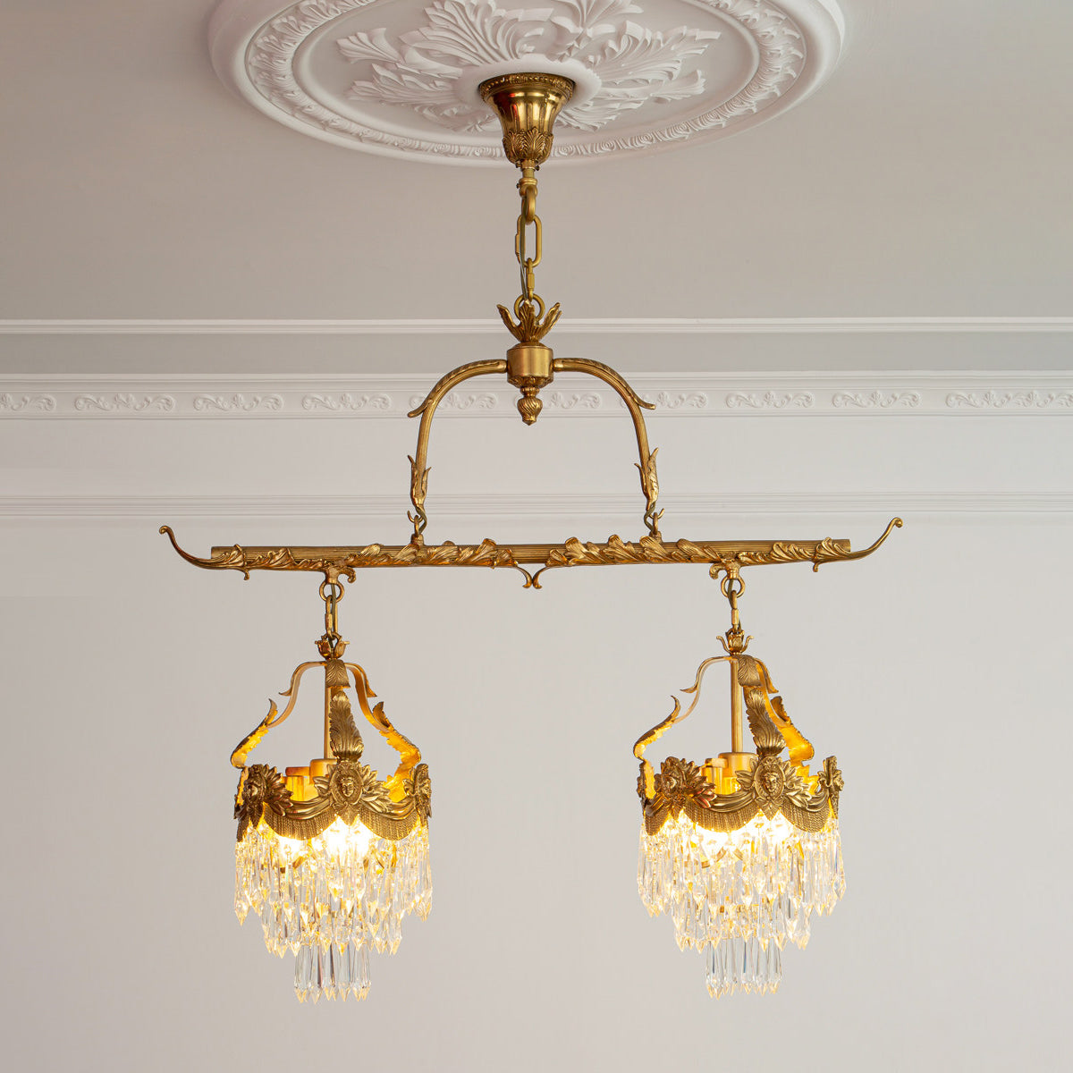 Stained Crystal Linear Pendant Lamp - Hand-Crafted Crystal & Brass Island Light | Modern Linear Overhead Light