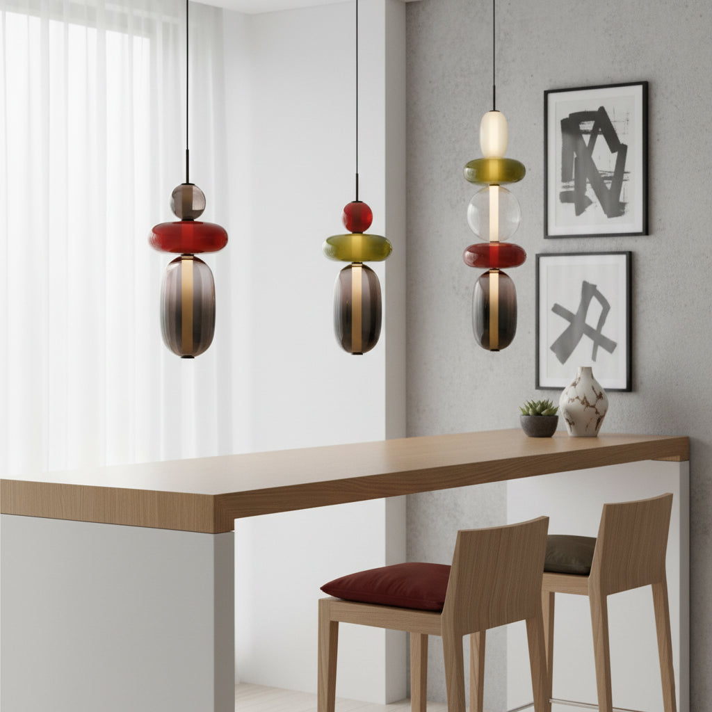 Stained Glass Pendant Lamp - Stacked Hand-Blown Art Glass Pendant | Custom Colorful LED Hanging Light