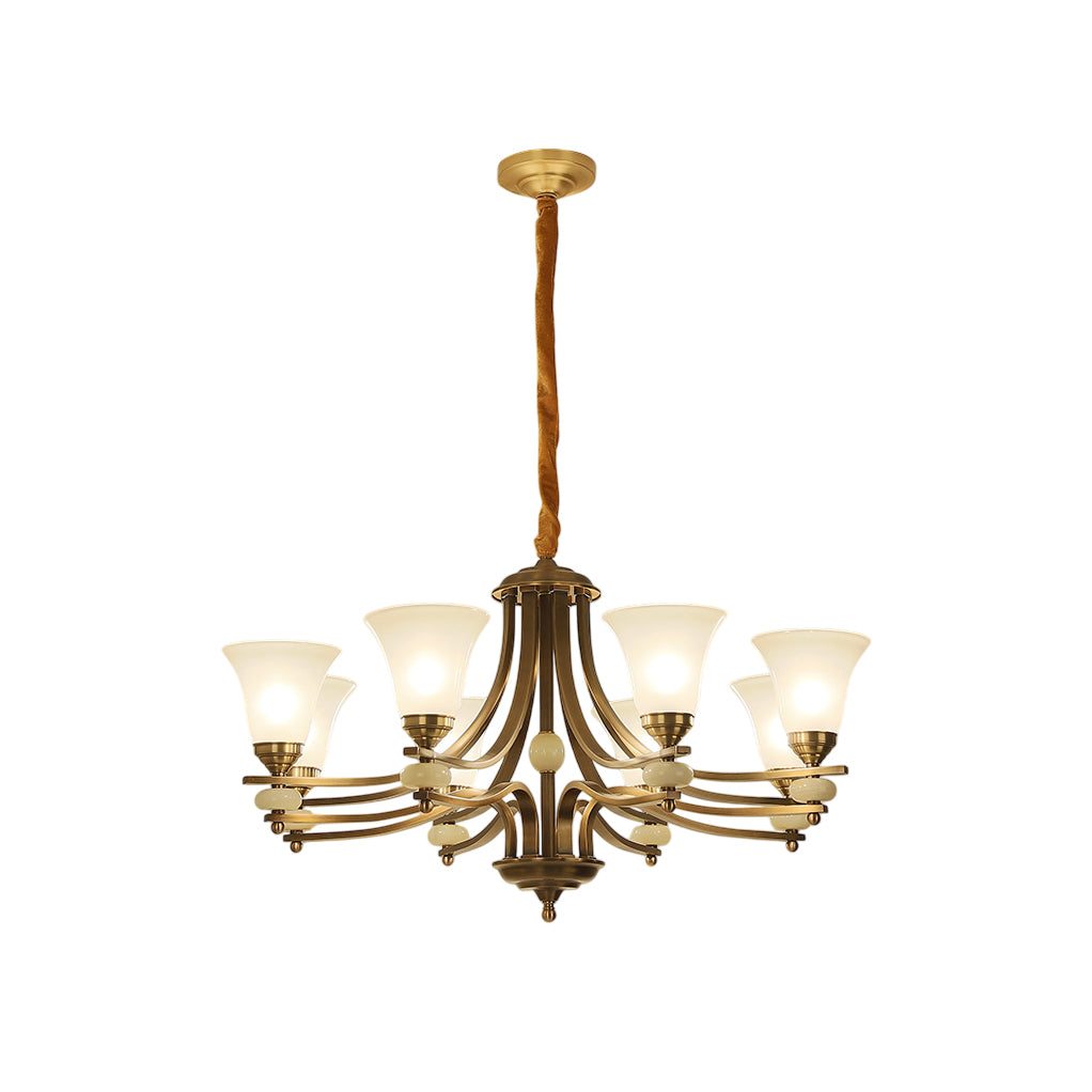 Stanford Glass Chandelier - Elegant Brass & White Glass Overhead Light | Jade Stone Accent Chandelier