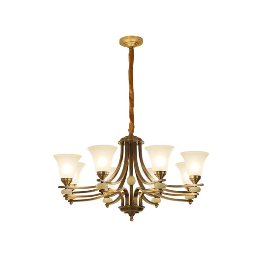 Stanford Glass Chandelier - Elegant Brass & White Glass Overhead Light | Jade Stone Accent Chandelier
