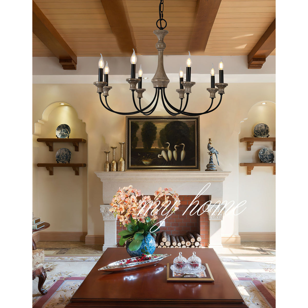 Stardust Simira Chandelier - Old Wood & Black Metal Candle Light | American Country Mid-Century Overhead Light