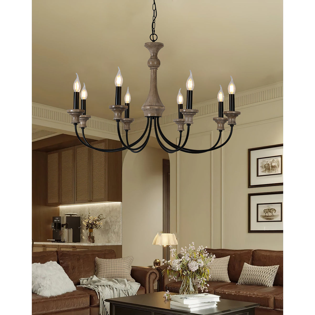 Stardust Simira Chandelier - Old Wood & Black Metal Candle Light | American Country Mid-Century Overhead Light