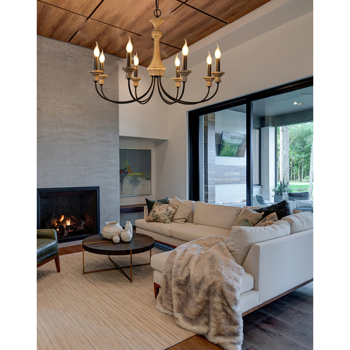 Stardust Simira Chandelier - Old Wood & Black Metal Candle Light | American Country Mid-Century Overhead Light