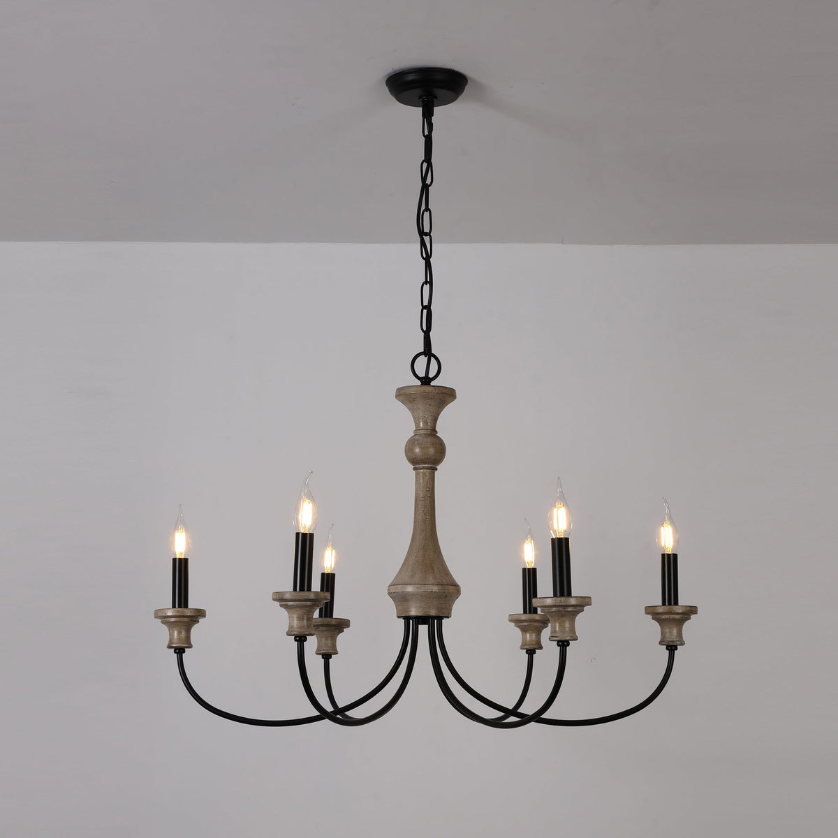 Stardust Simira Chandelier - Old Wood & Black Metal Candle Light | American Country Mid-Century Overhead Light