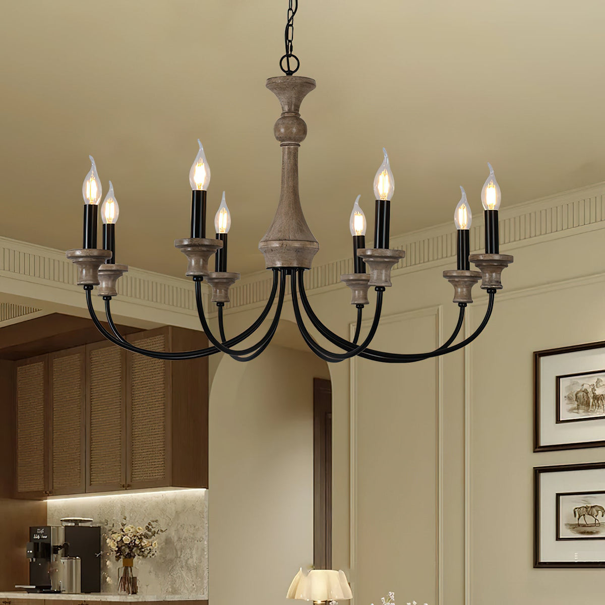 Stardust Simira Chandelier - Old Wood & Black Metal Candle Light | American Country Mid-Century Overhead Light