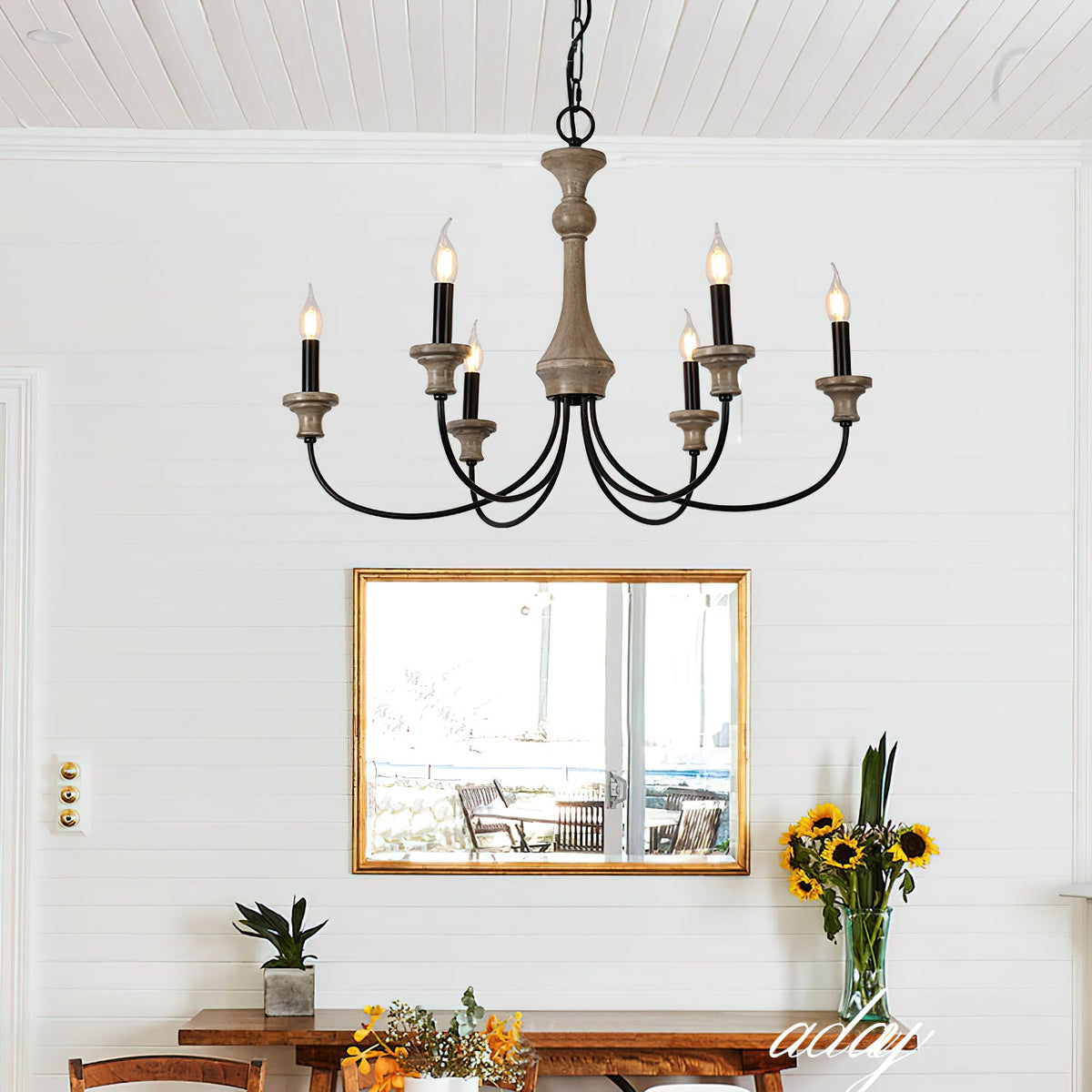 Stardust Simira Chandelier - Old Wood & Black Metal Candle Light | American Country Mid-Century Overhead Light