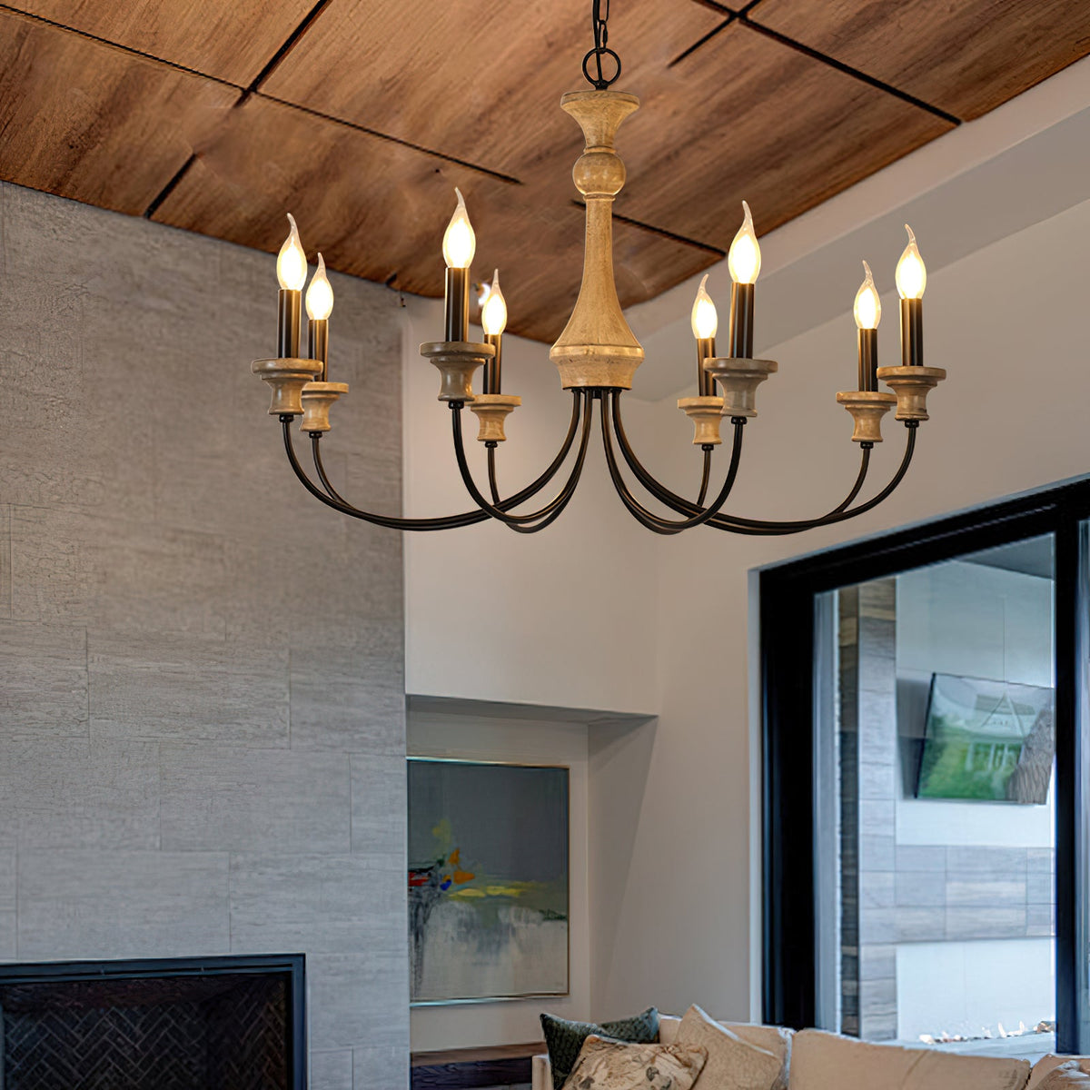Stardust Simira Chandelier - Old Wood & Black Metal Candle Light | American Country Mid-Century Overhead Light