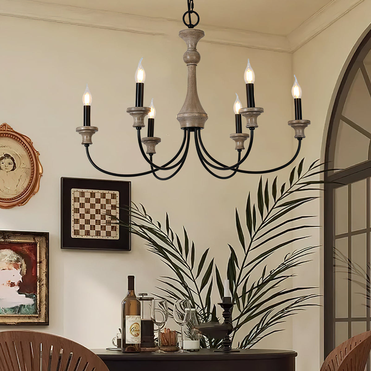 Stardust Simira Chandelier - Old Wood & Black Metal Candle Light | American Country Mid-Century Overhead Light
