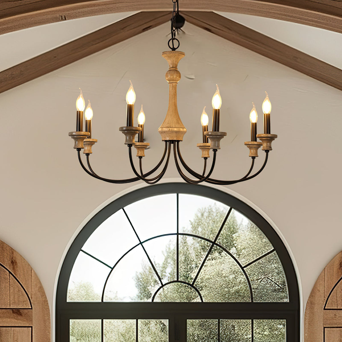 Stardust Simira Chandelier - Old Wood & Black Metal Candle Light | American Country Mid-Century Overhead Light