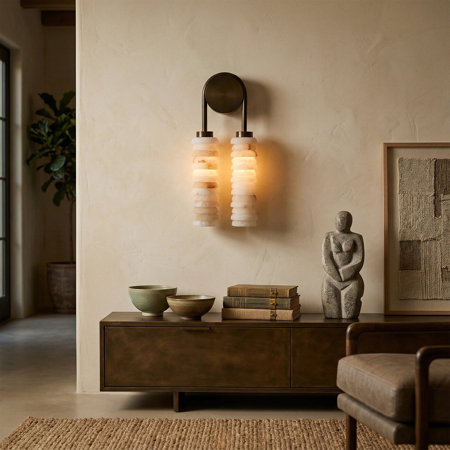 Payson Double Alabaster Wall Lamp - Dual Natural Stone & Brass LED Sconce | Luxury Art Deco Lighting