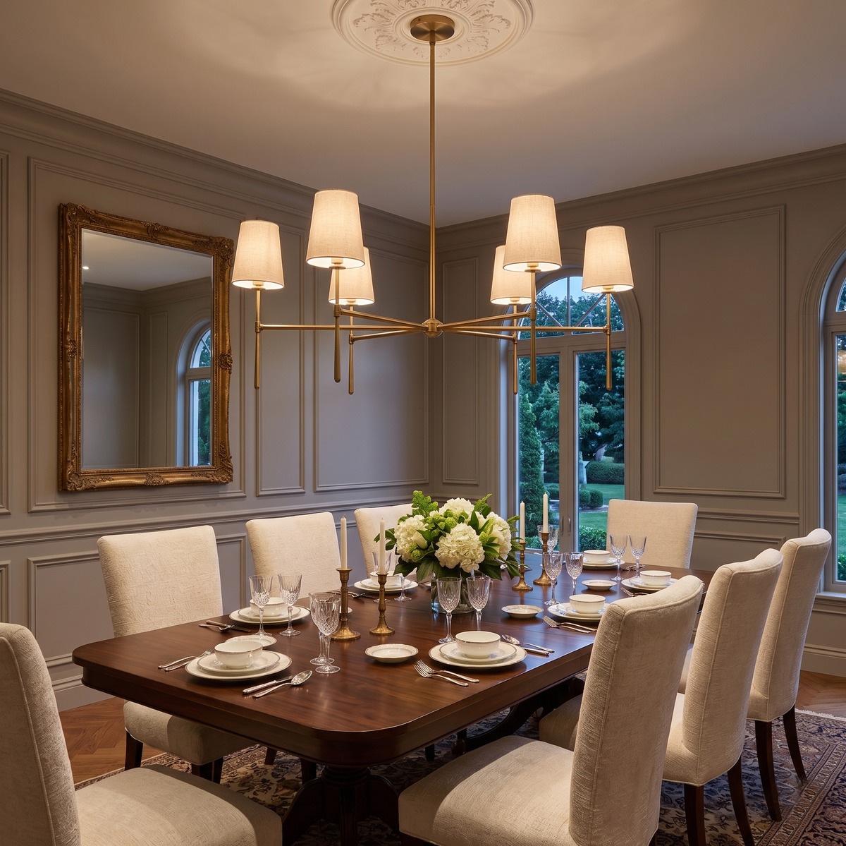 Rhodes Round Chandelier - Brass Frame & Linen Torch Shades