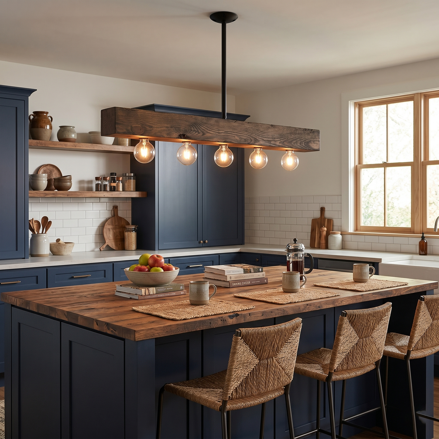Wood-beam Island Chandelier - Rustic Farmhouse Solid Wood Linear Pendant | Industrial 4 or 5 Light Kitchen Island Chandelier