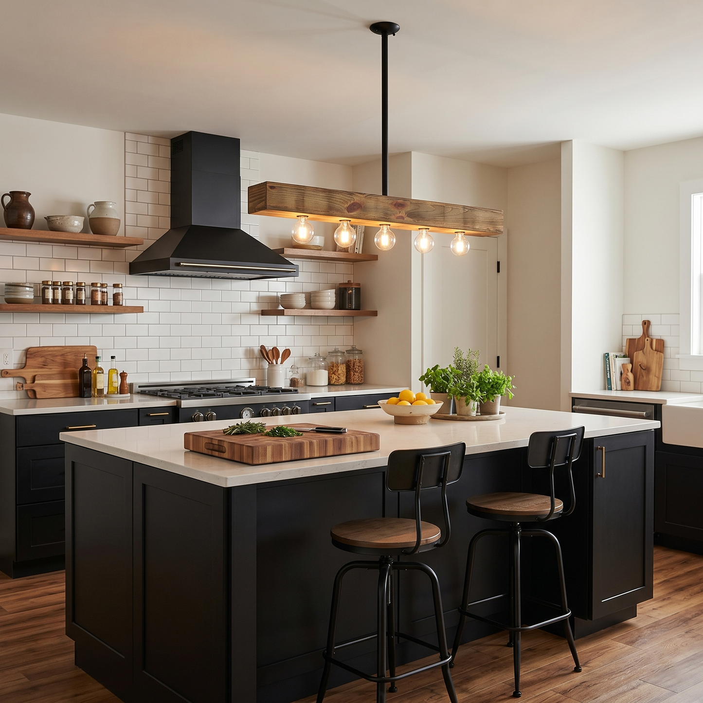 Wood-beam Island Chandelier - Rustic Farmhouse Solid Wood Linear Pendant | Industrial 4 or 5 Light Kitchen Island Chandelier