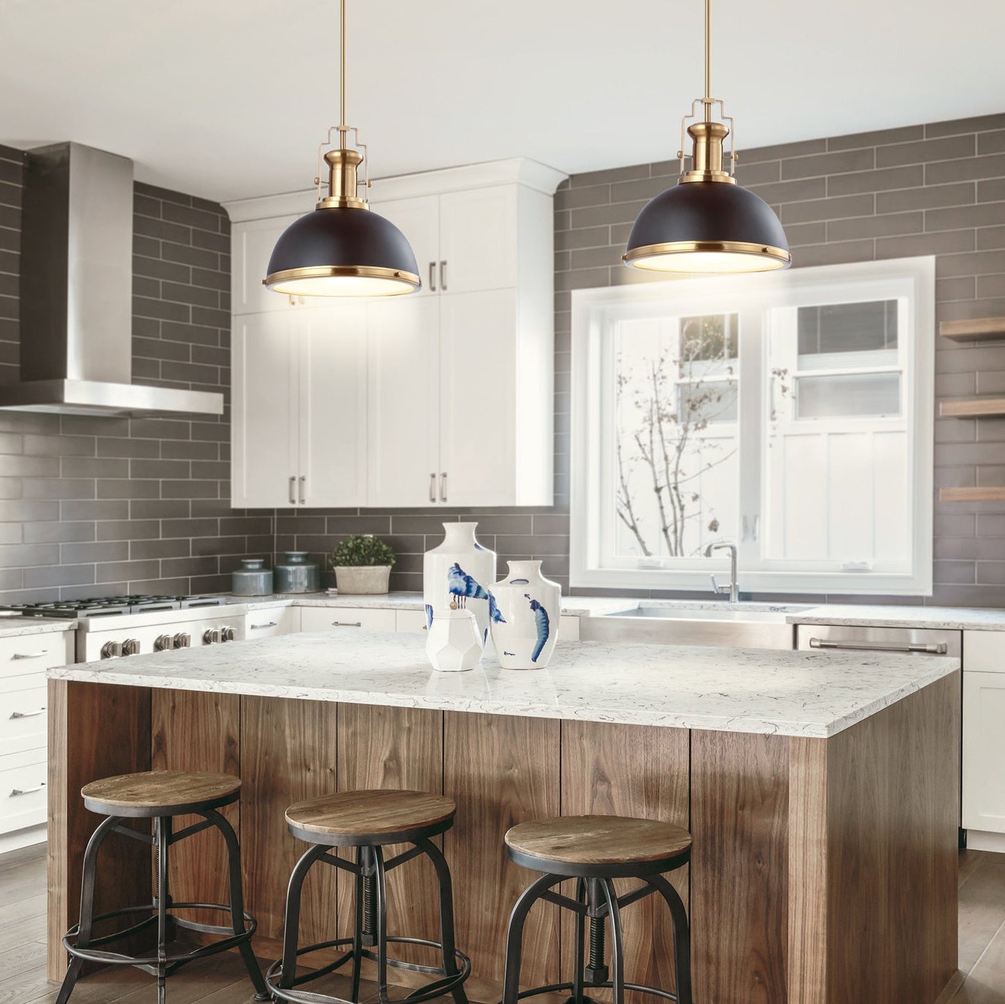 Staub Pendant Lamp - Vintage Brass & Frosted Glass Dome Pendant | Modern Kitchen Island Light