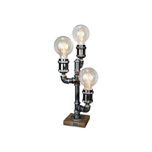 Steampunk Pipe Table Lamp - Industrial Iron Pipe & Solid Wood Desk Lamp | Vintage Retro Accent Light