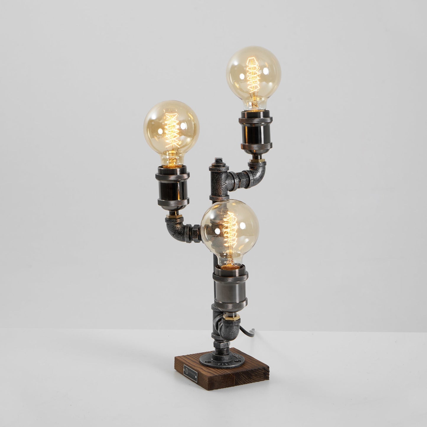 Steampunk Pipe Table Lamp - Industrial Iron Pipe & Solid Wood Desk Lamp | Vintage Retro Accent Light