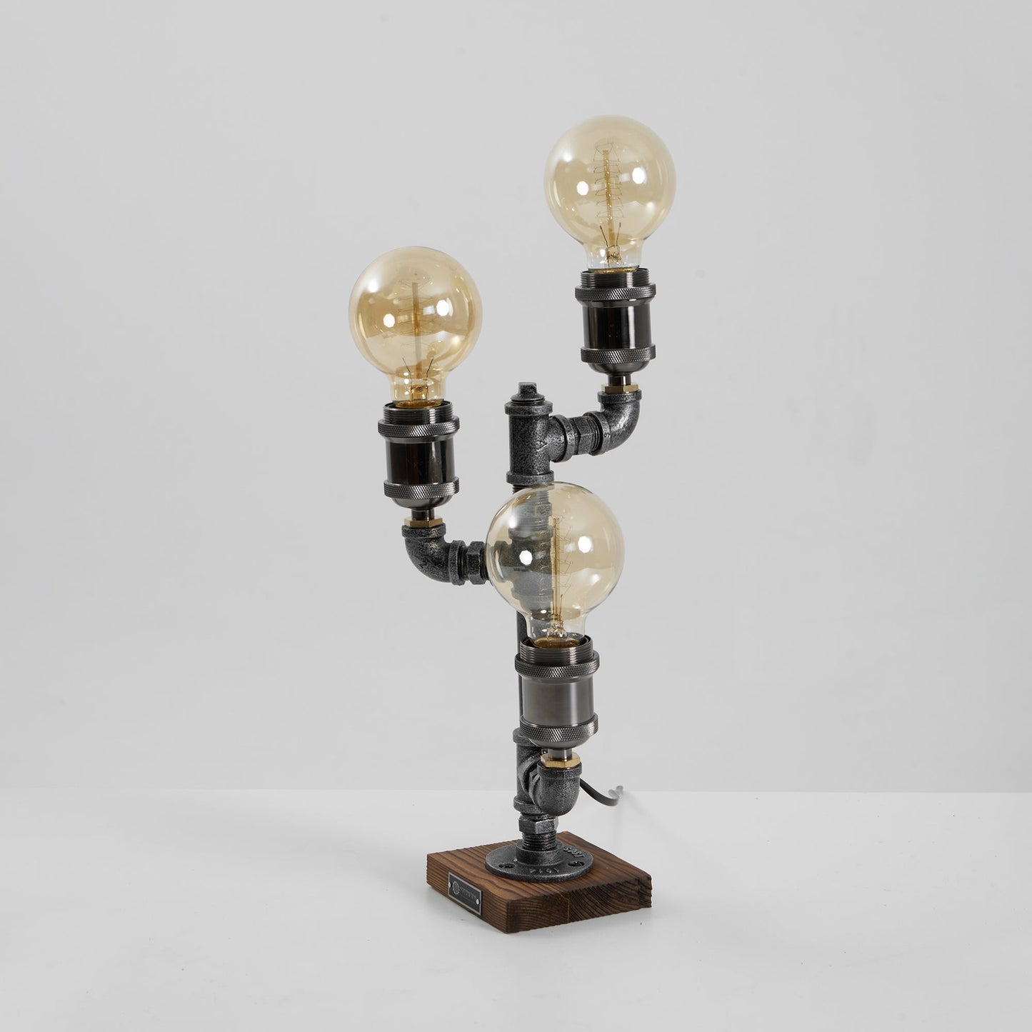 Steampunk Pipe Table Lamp - Industrial Iron Pipe & Solid Wood Desk Lamp | Vintage Retro Accent Light