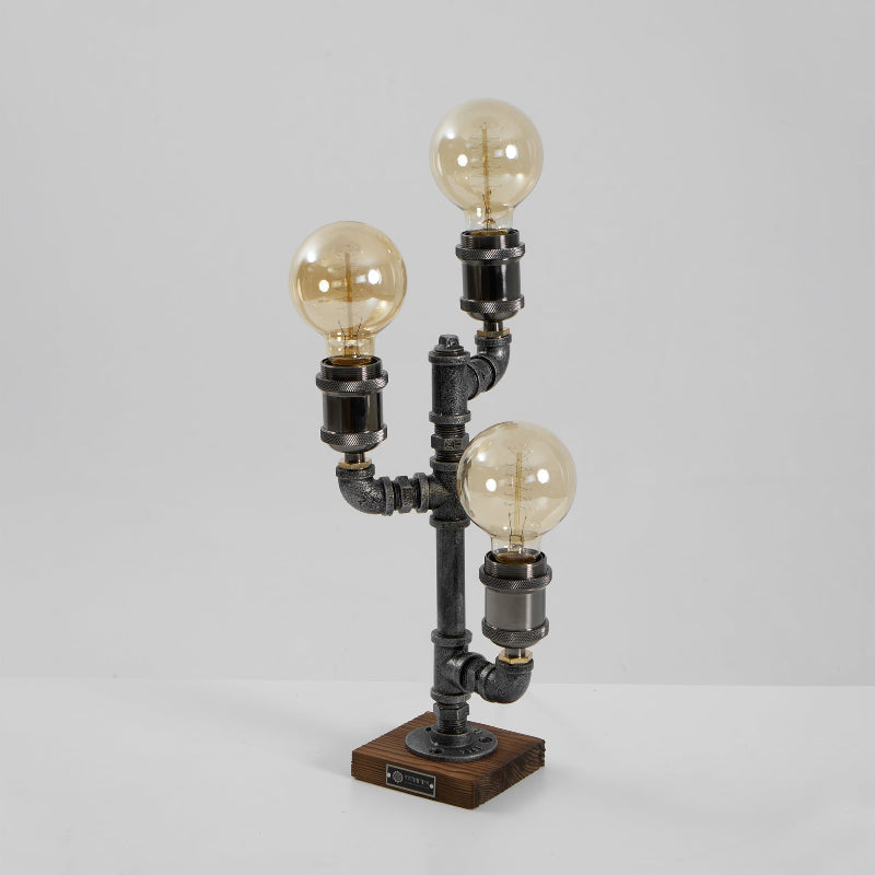 Steampunk Pipe Table Lamp - Industrial Iron Pipe & Solid Wood Desk Lamp | Vintage Retro Accent Light