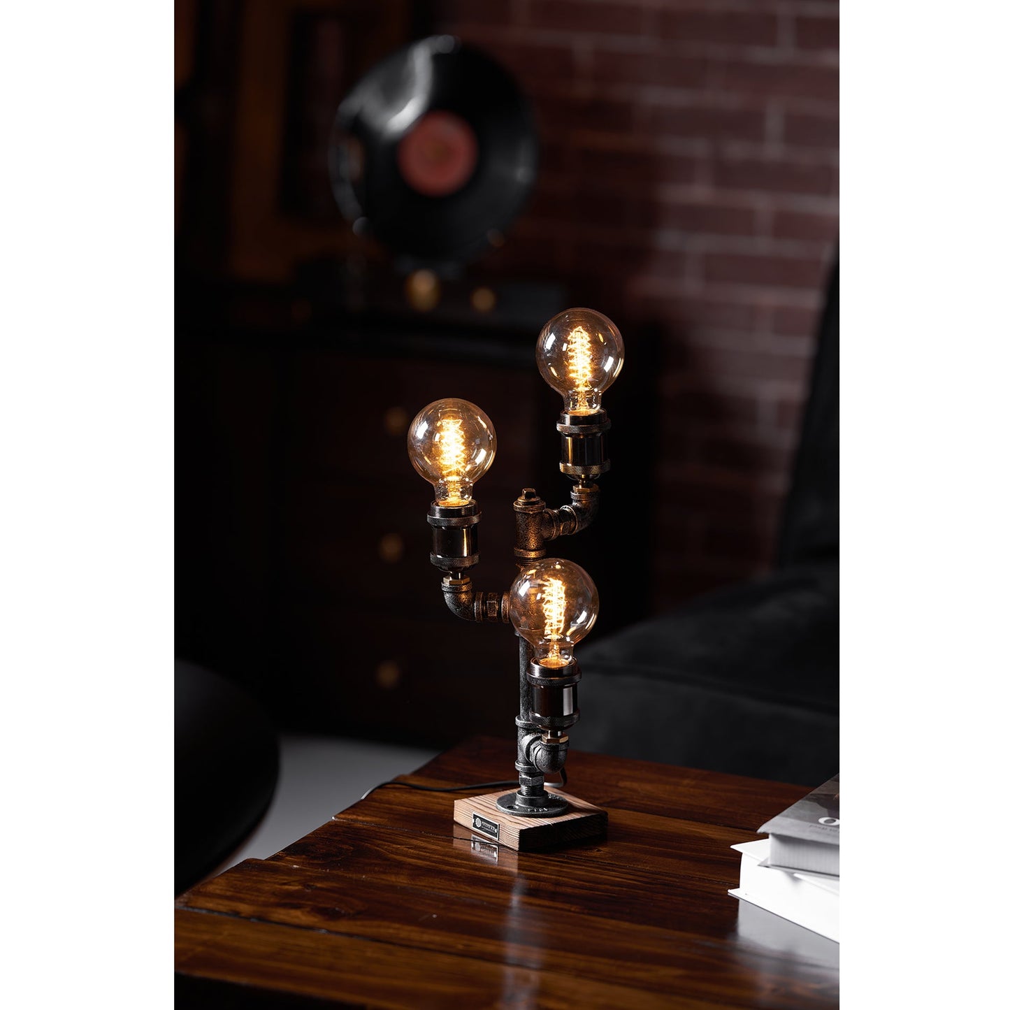 Steampunk Pipe Table Lamp - Industrial Iron Pipe & Solid Wood Desk Lamp | Vintage Retro Accent Light