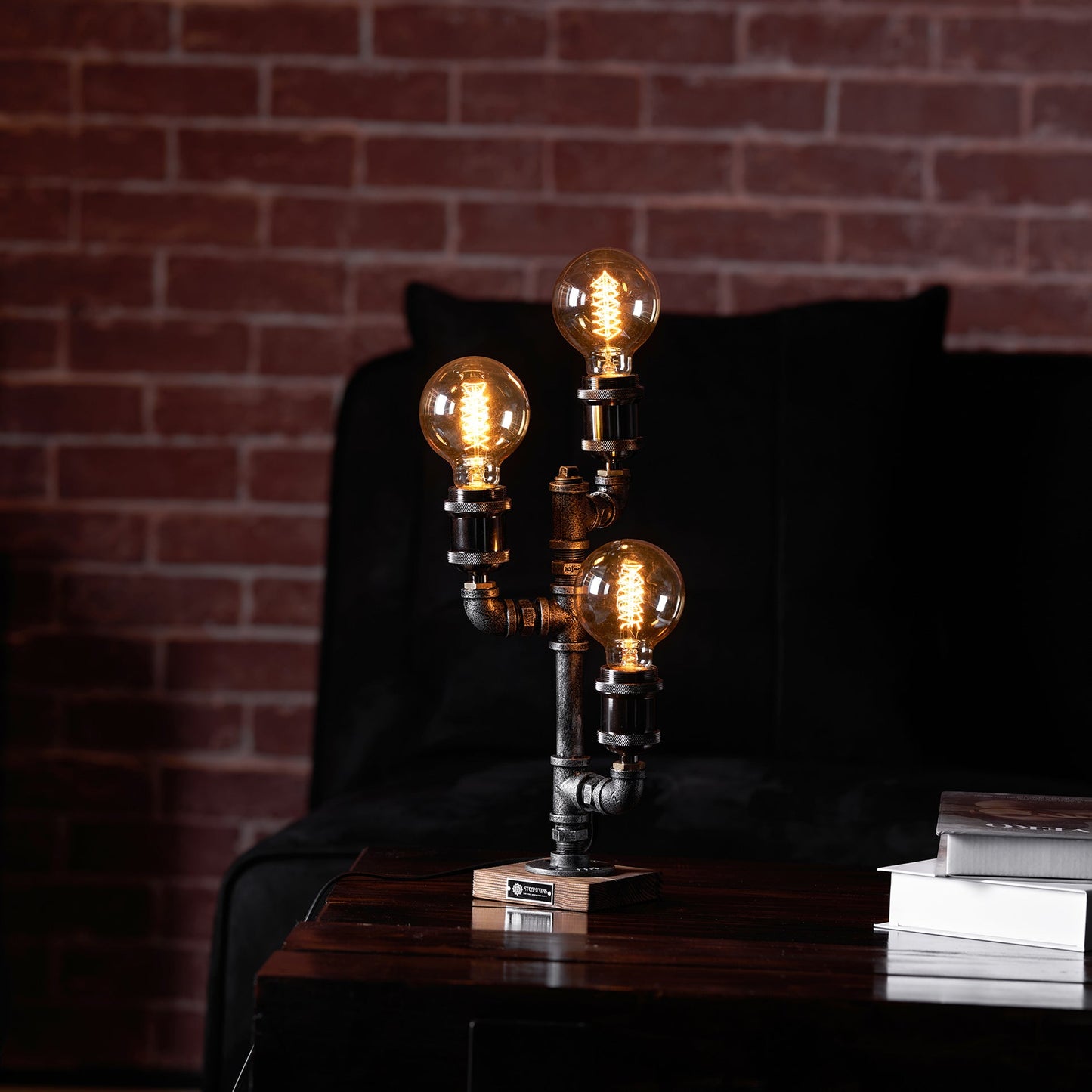 Steampunk Pipe Table Lamp - Industrial Iron Pipe & Solid Wood Desk Lamp | Vintage Retro Accent Light