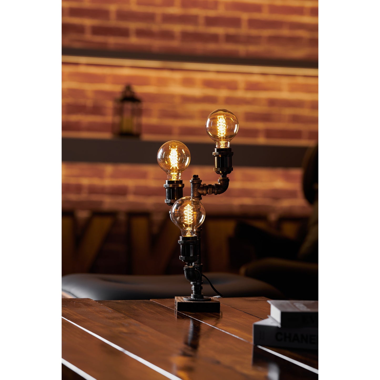 Steampunk Pipe Table Lamp - Industrial Iron Pipe & Solid Wood Desk Lamp | Vintage Retro Accent Light