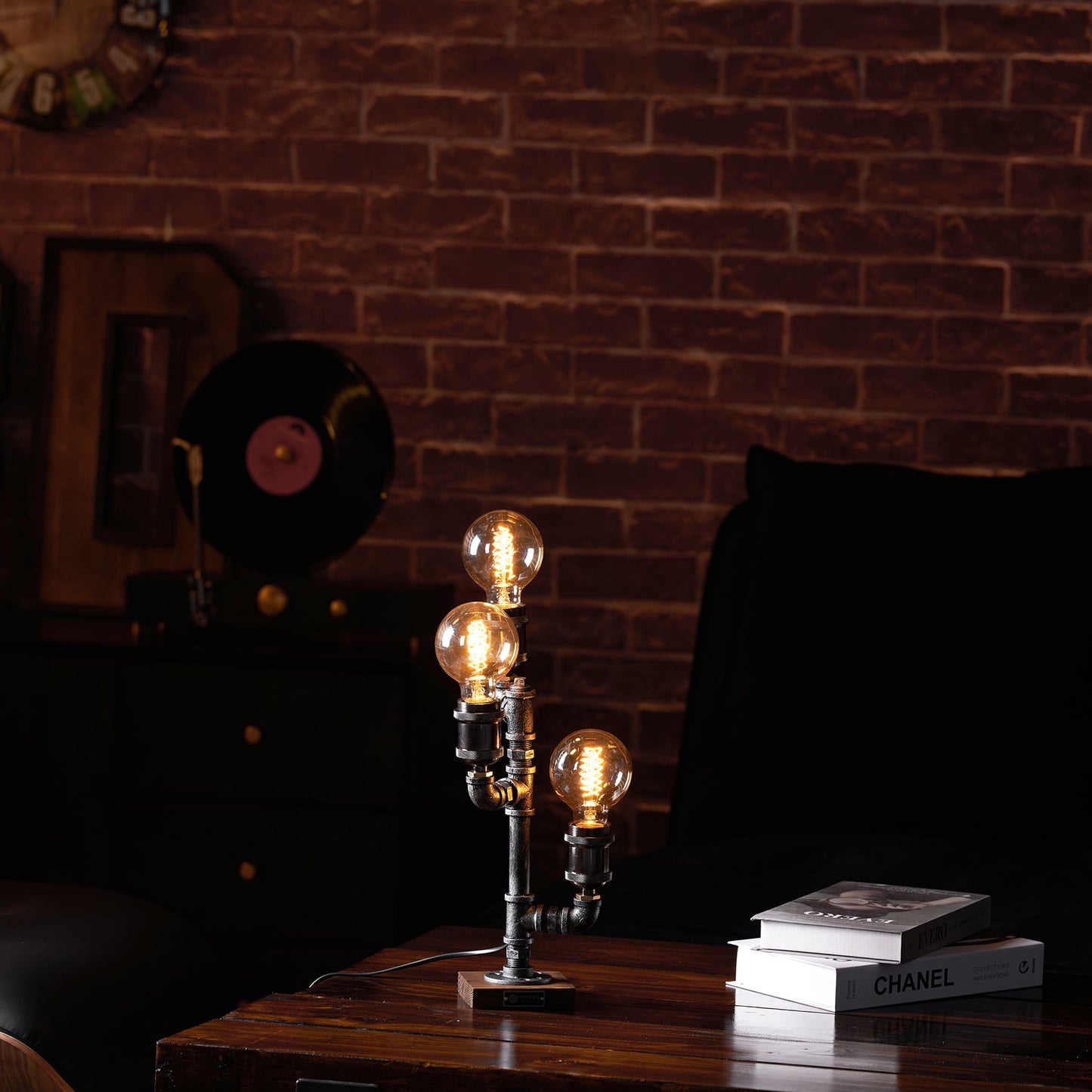 Steampunk Pipe Table Lamp - Industrial Iron Pipe & Solid Wood Desk Lamp | Vintage Retro Accent Light