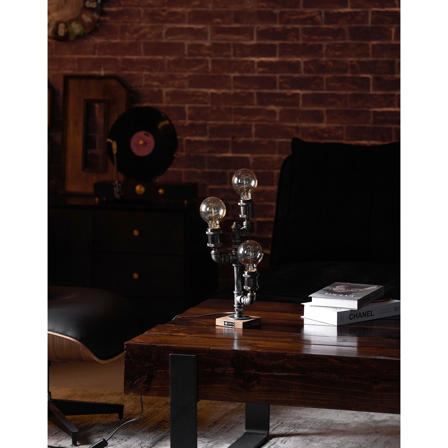 Steampunk Pipe Table Lamp - Industrial Iron Pipe & Solid Wood Desk Lamp | Vintage Retro Accent Light