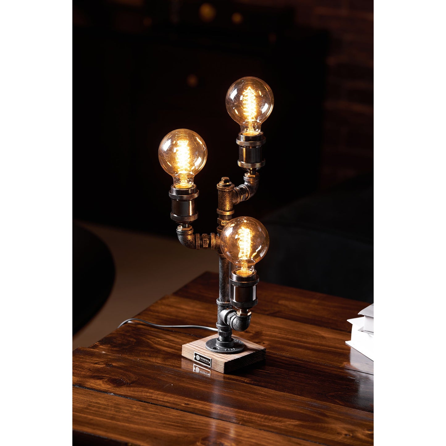 Steampunk Pipe Table Lamp - Industrial Iron Pipe & Solid Wood Desk Lamp | Vintage Retro Accent Light