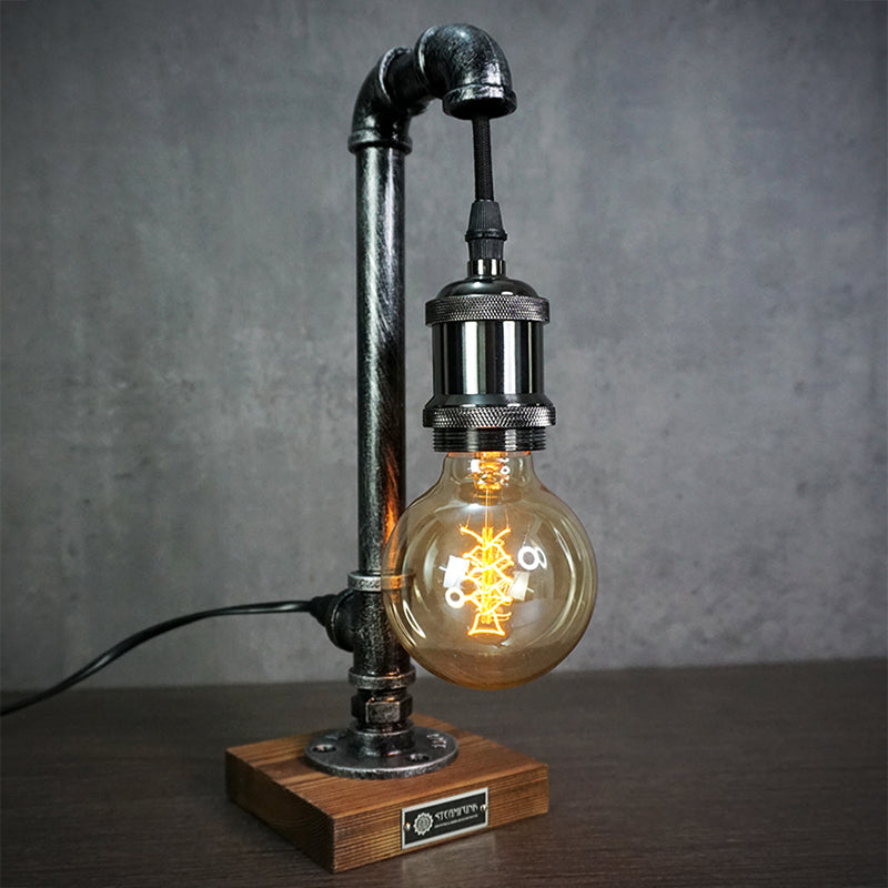 Steampunk Pipe Table Lamp - Industrial Iron Pipe & Solid Wood Desk Lamp | Vintage Retro Accent Light