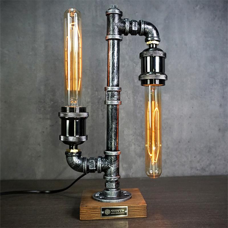 Steampunk Pipe Table Lamp - Industrial Iron Pipe & Solid Wood Desk Lamp | Vintage Retro Accent Light