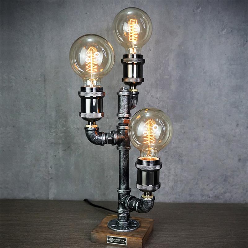 Steampunk Pipe Table Lamp - Industrial Iron Pipe & Solid Wood Desk Lamp | Vintage Retro Accent Light
