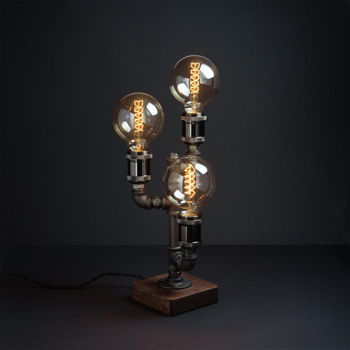 Steampunk Pipe Table Lamp - Industrial Iron Pipe & Solid Wood Desk Lamp | Vintage Retro Accent Light