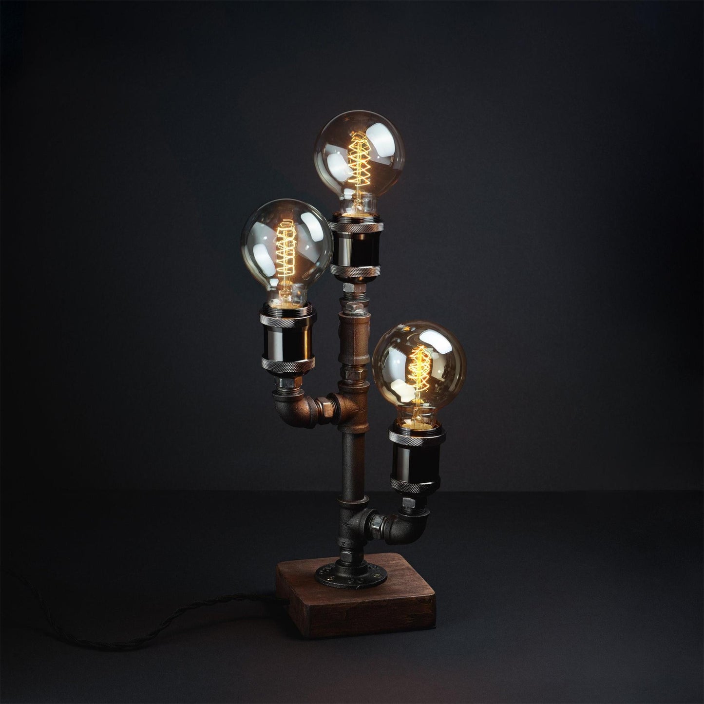 Steampunk Pipe Table Lamp - Industrial Iron Pipe & Solid Wood Desk Lamp | Vintage Retro Accent Light