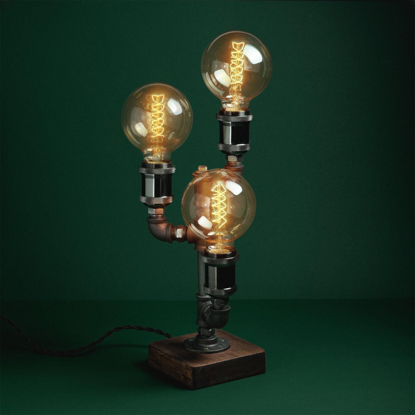 Steampunk Pipe Table Lamp - Industrial Iron Pipe & Solid Wood Desk Lamp | Vintage Retro Accent Light