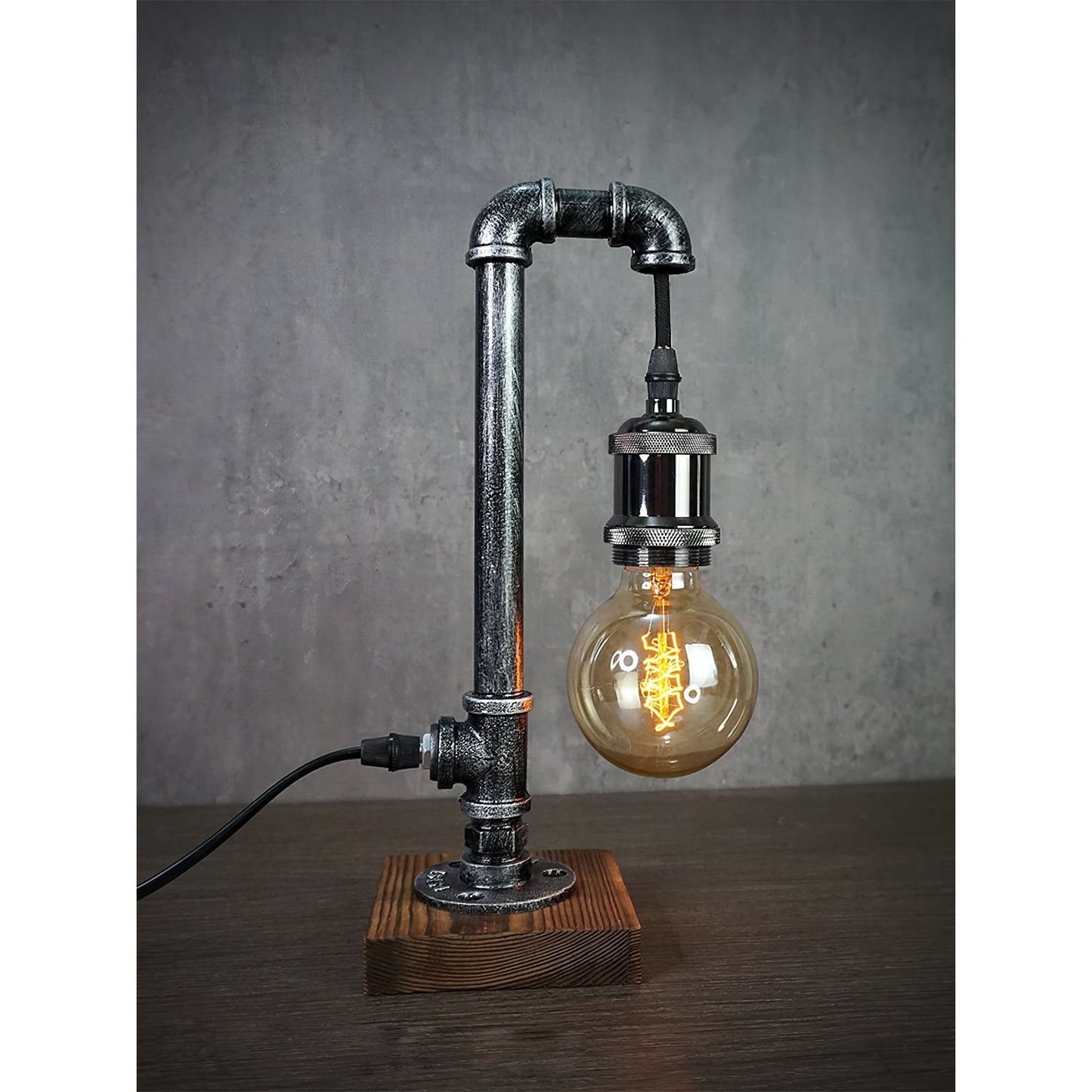 Steampunk Pipe Table Lamp - Industrial Iron Pipe & Solid Wood Desk Lamp | Vintage Retro Accent Light