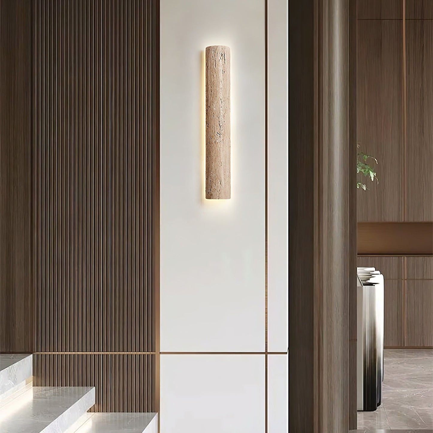 Stein Lange Wall Sconce - Natural Travertine Vertical LED Sconce | Modern Organic Stone Wall Light