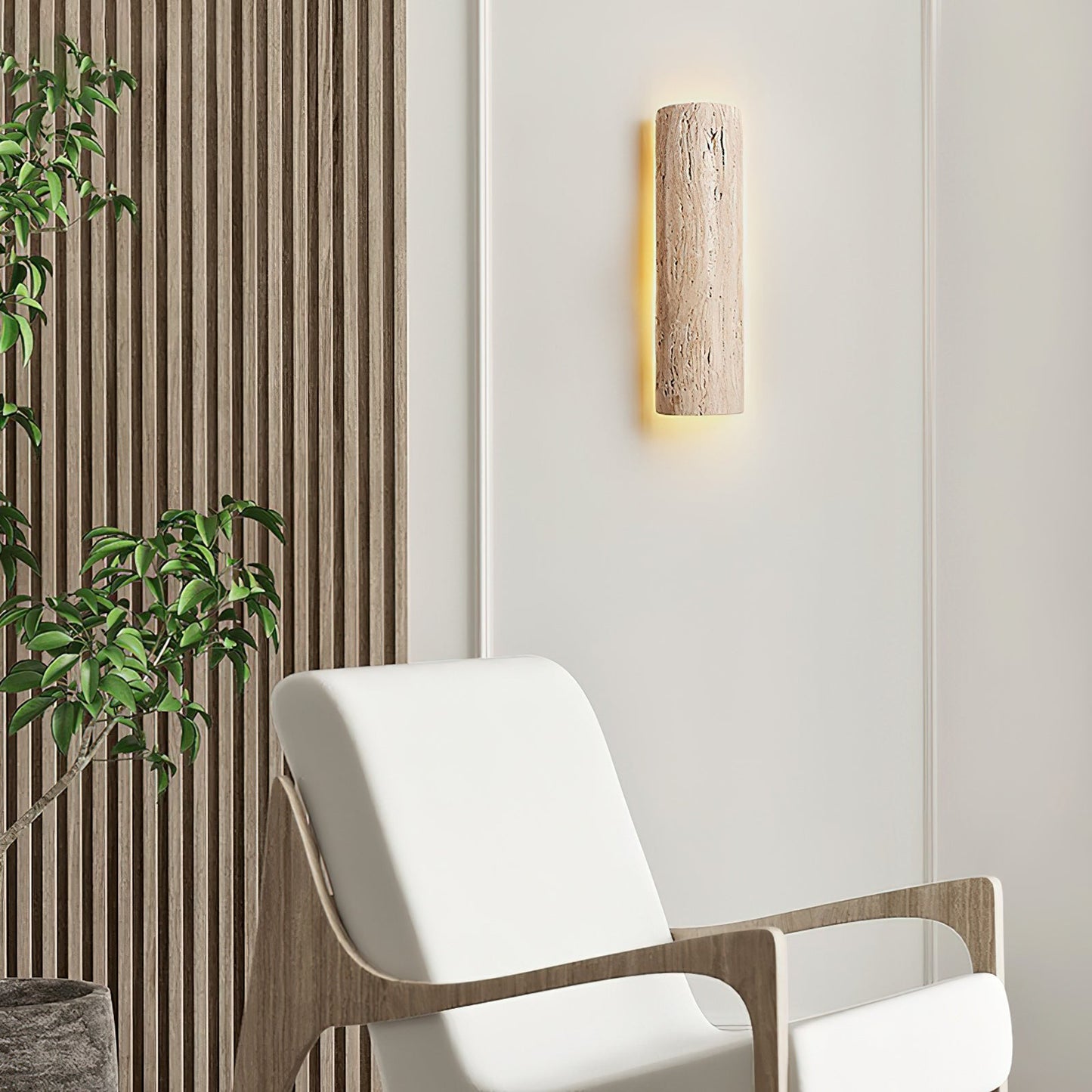 Stein Lange Wall Sconce - Natural Travertine Vertical LED Sconce | Modern Organic Stone Wall Light