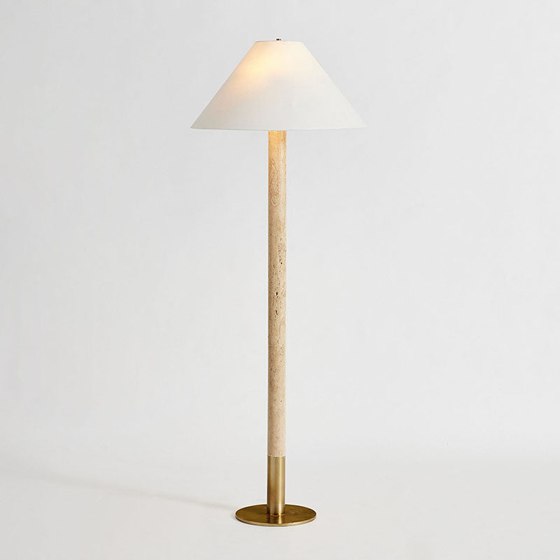 Sterling Travertine Floor Lamp - Natural Stone & Copper Modern Floor Lamp | Textured Fabric Drum Shade Standing Lamp