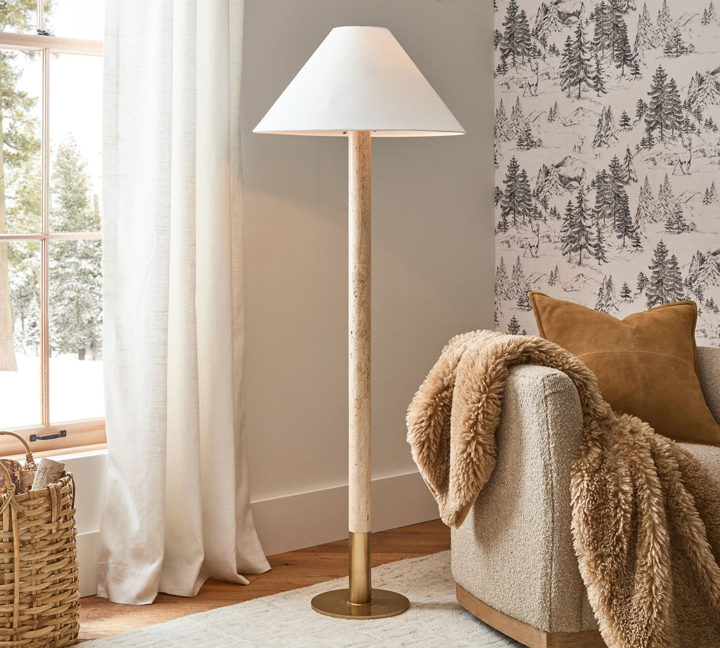 Sterling Travertine Floor Lamp - Natural Stone & Copper Modern Floor Lamp | Textured Fabric Drum Shade Standing Lamp