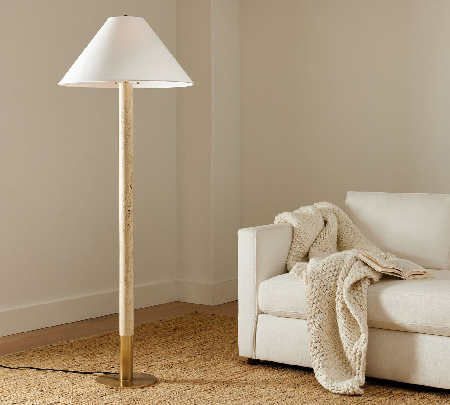 Sterling Travertine Floor Lamp - Natural Stone & Copper Modern Floor Lamp | Textured Fabric Drum Shade Standing Lamp