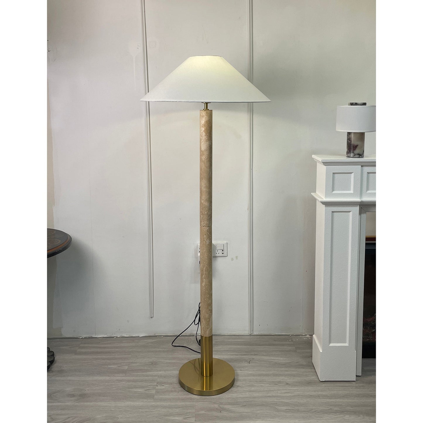 Sterling Travertine Floor Lamp - Natural Stone & Copper Modern Floor Lamp | Textured Fabric Drum Shade Standing Lamp