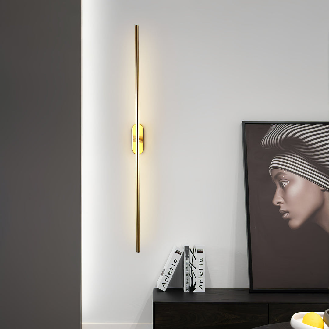Stick Shaped Metal Sconce - Slender Brass Vertical LED Sconce | Minimalist Wall Light