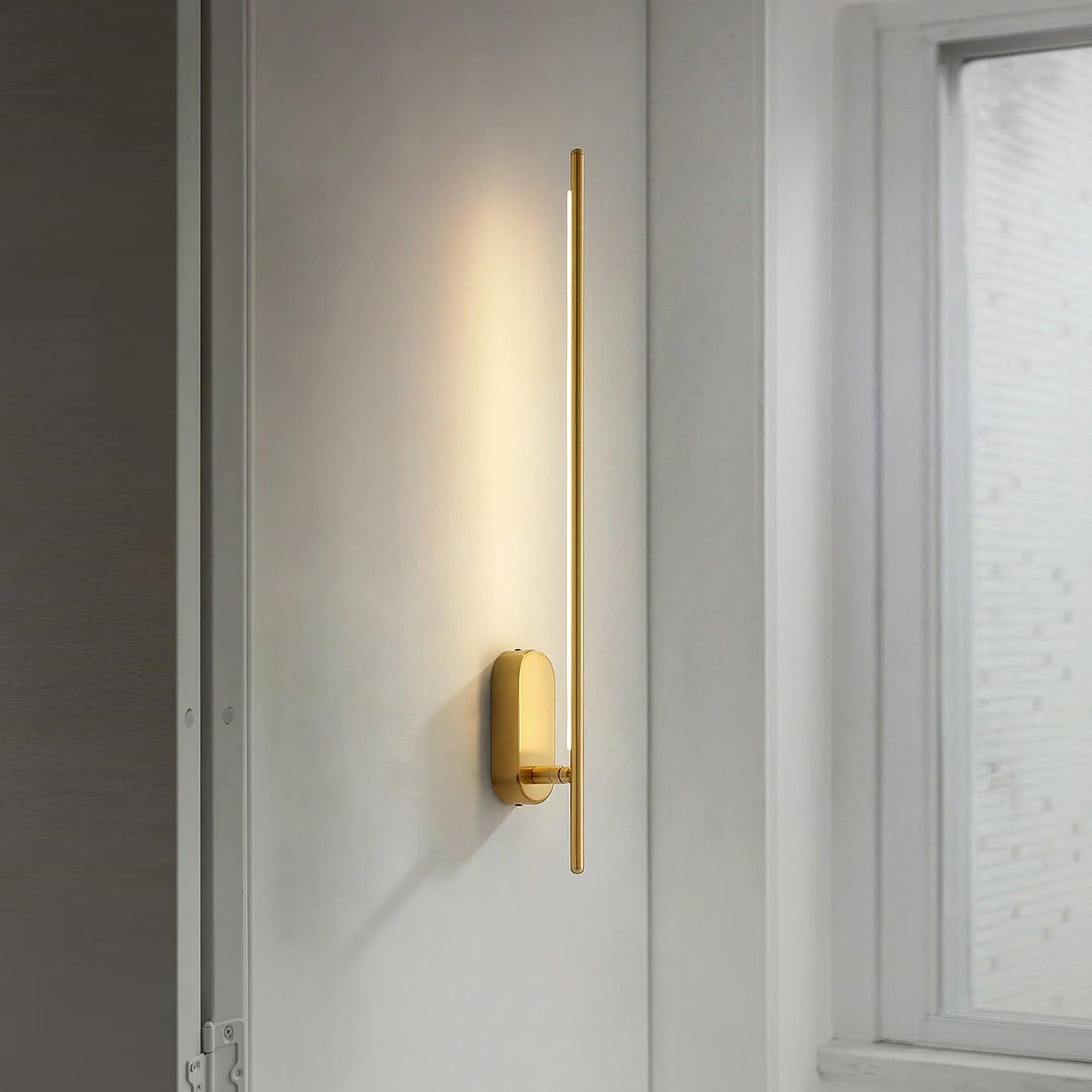 Stick Shaped Metal Sconce - Slender Brass Vertical LED Sconce | Minimalist Wall Light