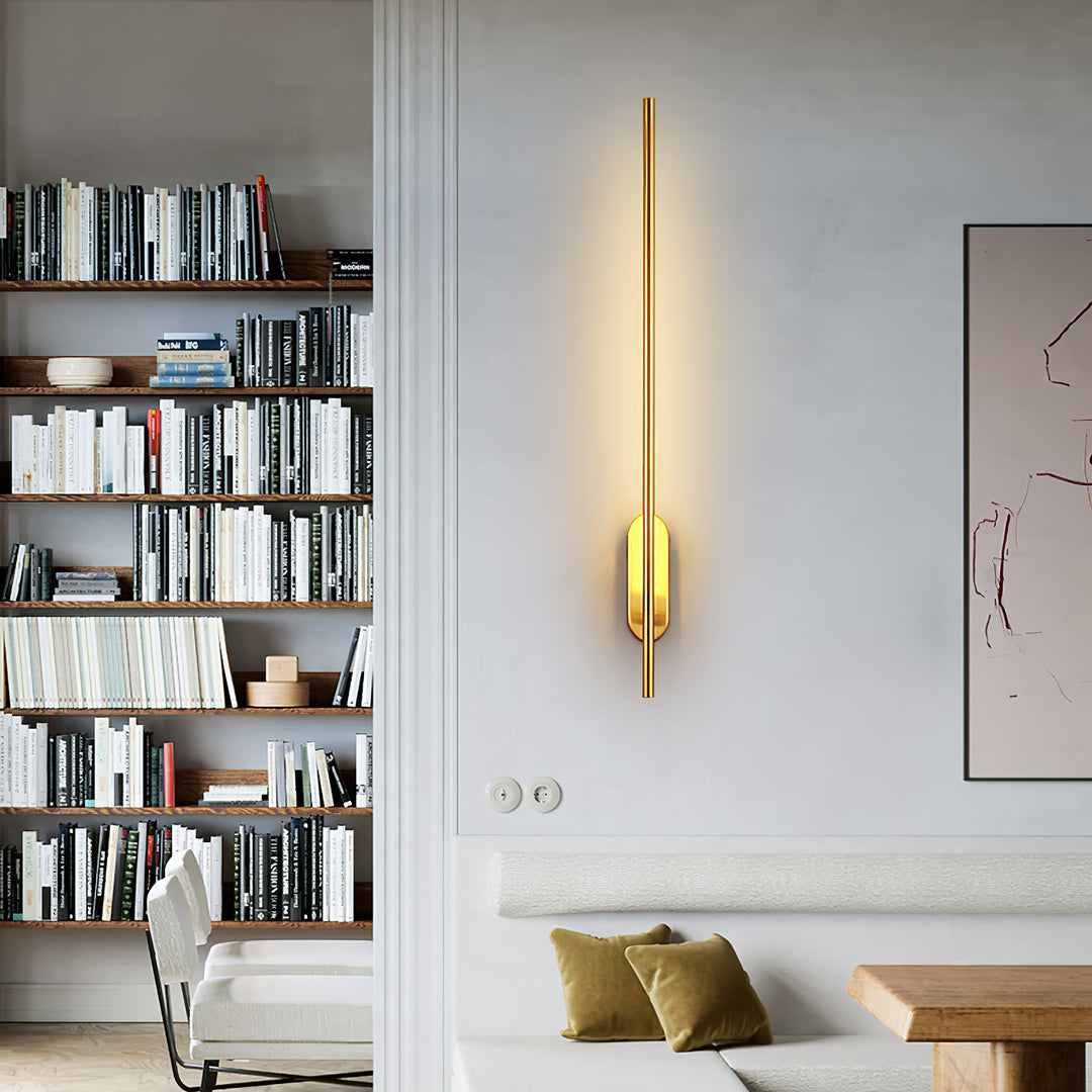 Stick Shaped Metal Sconce - Slender Brass Vertical LED Sconce | Minimalist Wall Light