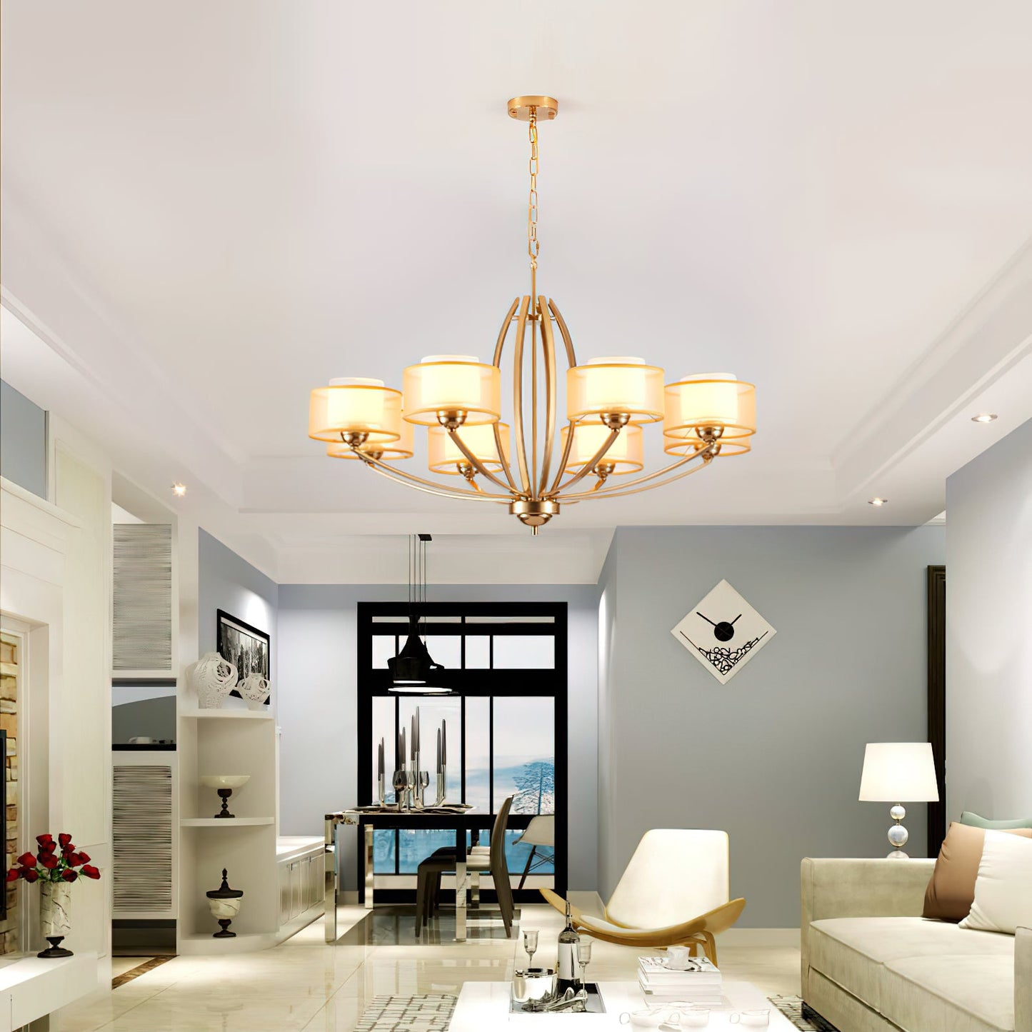 Avira Multi-Light Chandelier - Brass & Fabric Shade Pendant Light | Classic Modern Luxury Overhead Light