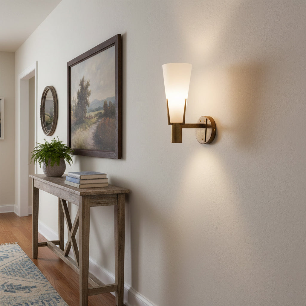 Stilnovo Wall Lamp - Antique Brass Trident Sconce | Opaque Glass Globe Wall Light